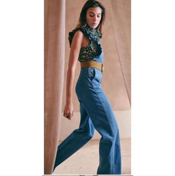 Sezane Rosario Ruffle Denim Overall Jumpsuit - Picture 6 of 8